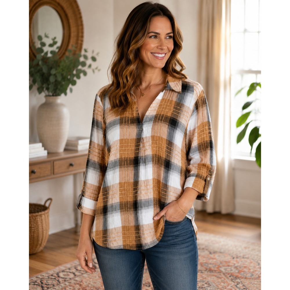 CATO Womens 18/20 Textured Plaid Blouse 3/4 Roll Tab Sleeve Rayon Western Rustic